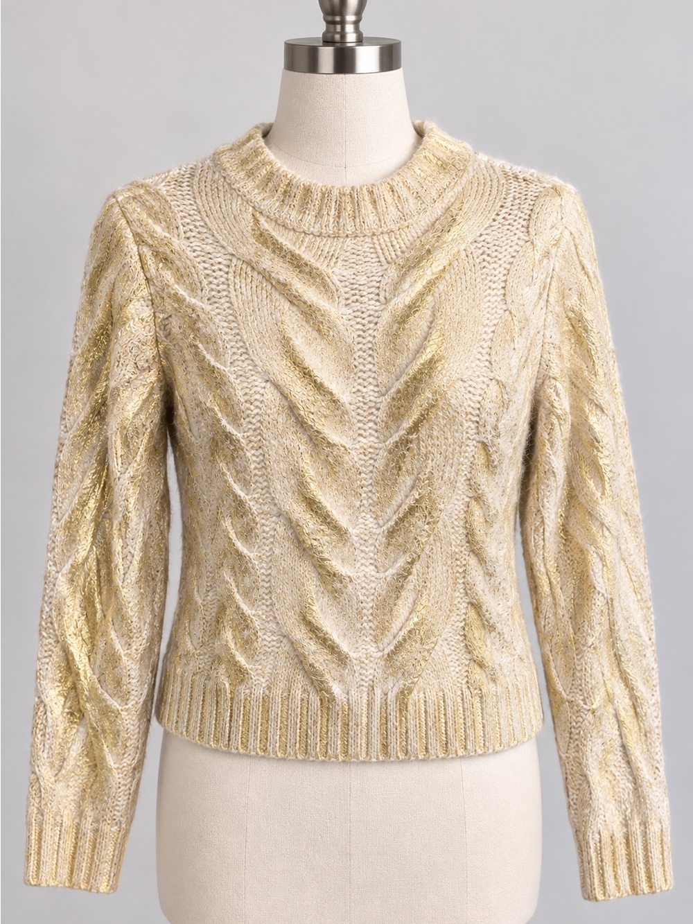 MNG Mango Cream Gold Metallic Cable Knit Sweater XS